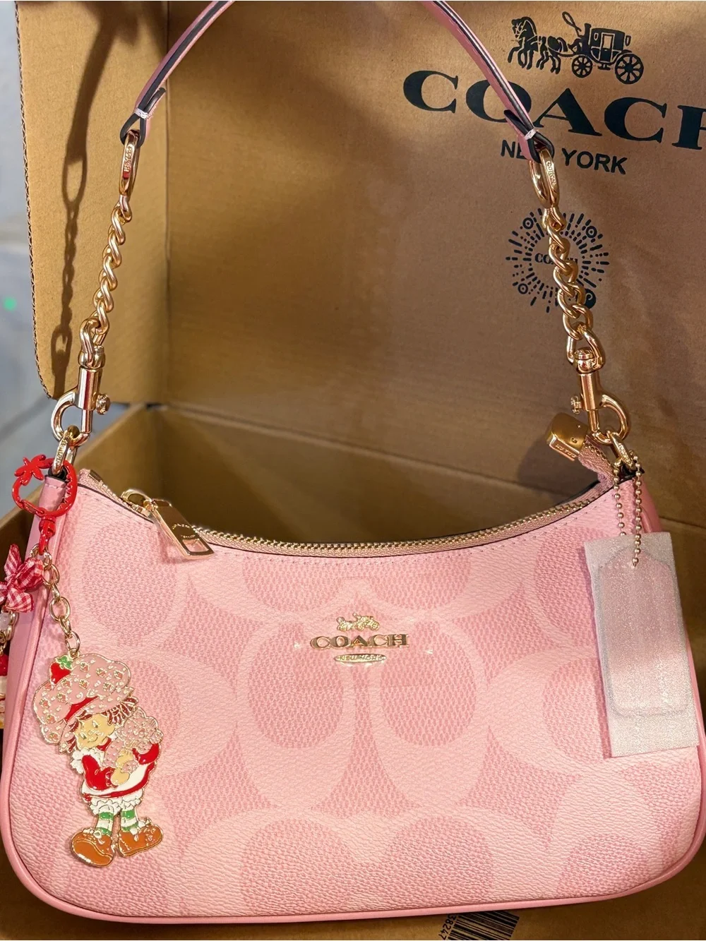 COACH Pink Signature Canvas Shoulder Bag with Gold Hardware